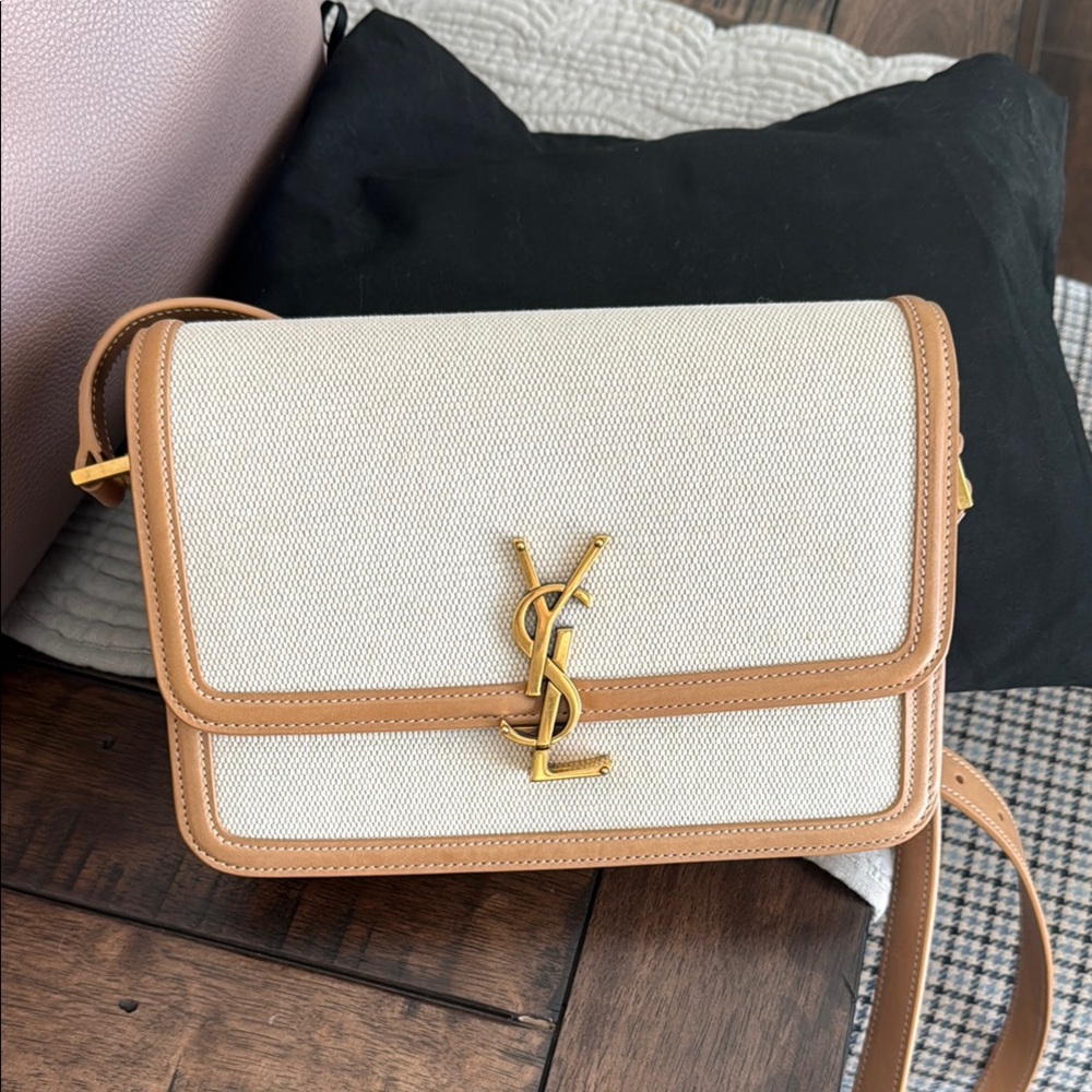 Yves Saint Laurent Cream Tan Crossbody Bag with Gold Logo